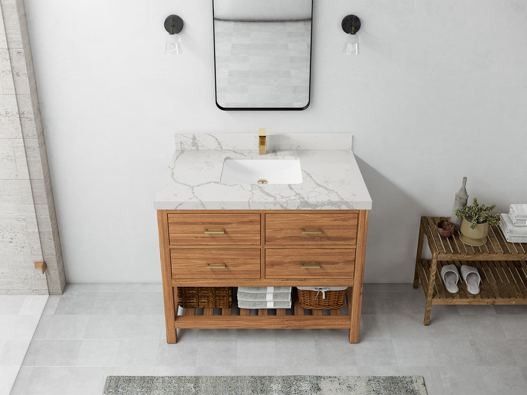 Parker Teak  42 in. W x 22 in. D Single Sink Bathroom Vanity in Golden with 2 in Venatino Quartz Countertop – Top View