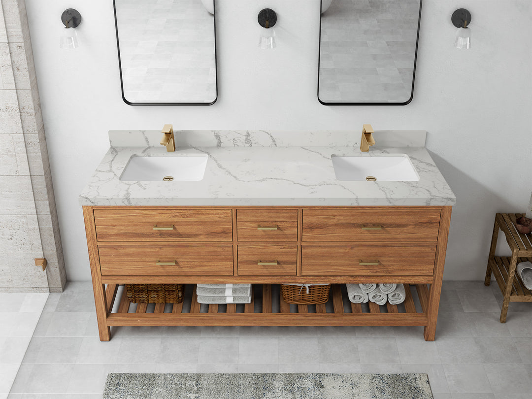 Parker Teak 72 in. W x 22 in. D double Sink Bathroom Vanity in Golden with 2 in Venatino Quartz Countertop – Top View