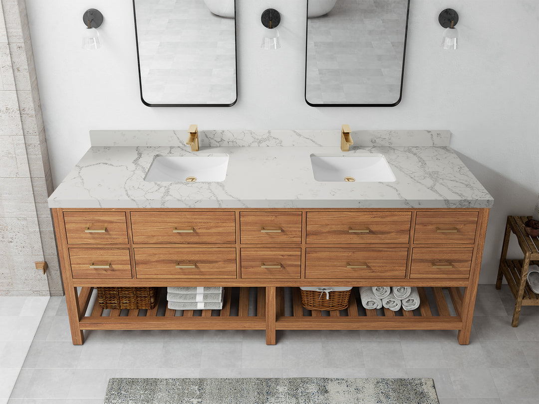 Parker Teak 84 in. W x 22 in. D double Sink Bathroom Vanity in Golden with 2 in Venatino Quartz Countertop – Top View