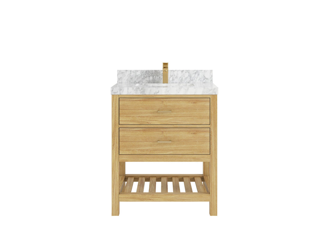 Parker Teak  30 in. W x 22 in. D Single Sink Bathroom Vanity in Light Natural with 2 in Carrara Marble Countertop