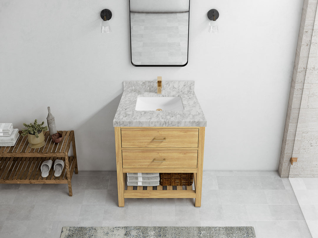 Parker Teak  30 in. W x 22 in. D Single Sink Bathroom Vanity in Light Natural with 2 in Carrara Marble Countertop – Top View