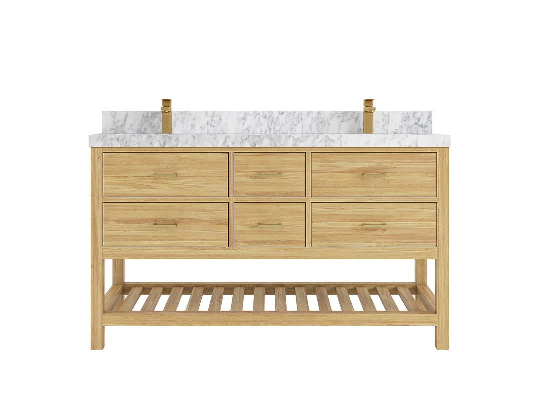 Parker Teak 60 in. W x 22 in. D double Sink Bathroom Vanity in Light Natural with 2 in Carrara Marble Counterto