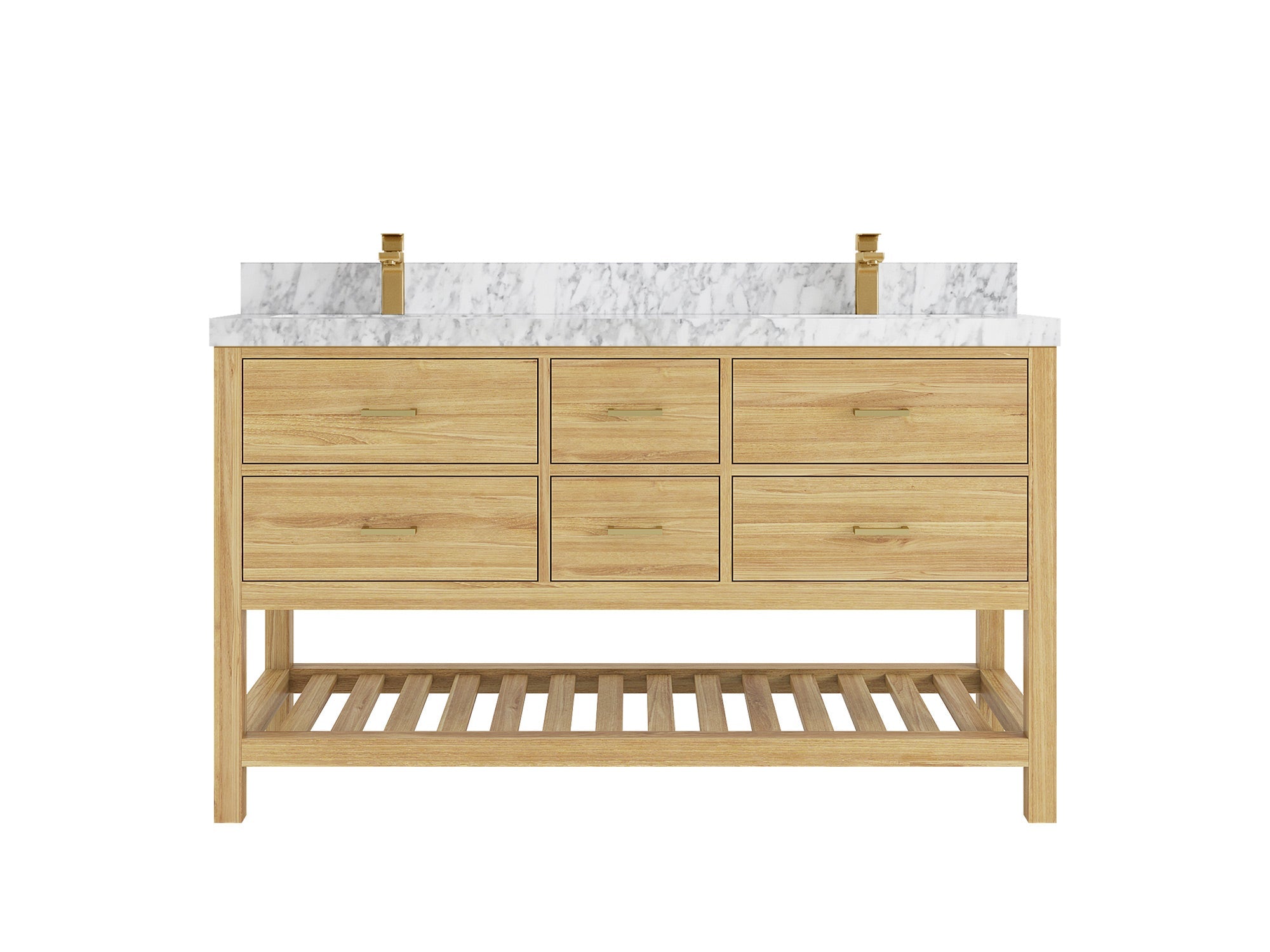 Parker Teak 60 in. W x 22 in. D double Sink Bathroom Vanity in Light Natural with 2 in Carrara Marble Counterto