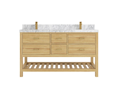 Parker Teak 60 in. W x 22 in. D double Sink Bathroom Vanity in Light Natural with 2 in Carrara Marble Counterto