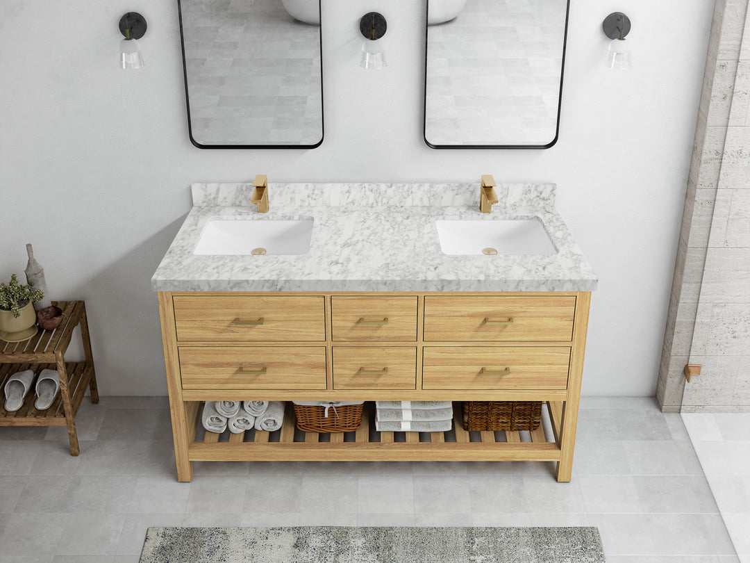 Parker Teak 60 in. W x 22 in. D double Sink Bathroom Vanity in Light Natural with 2 in Carrara Marble Countertop