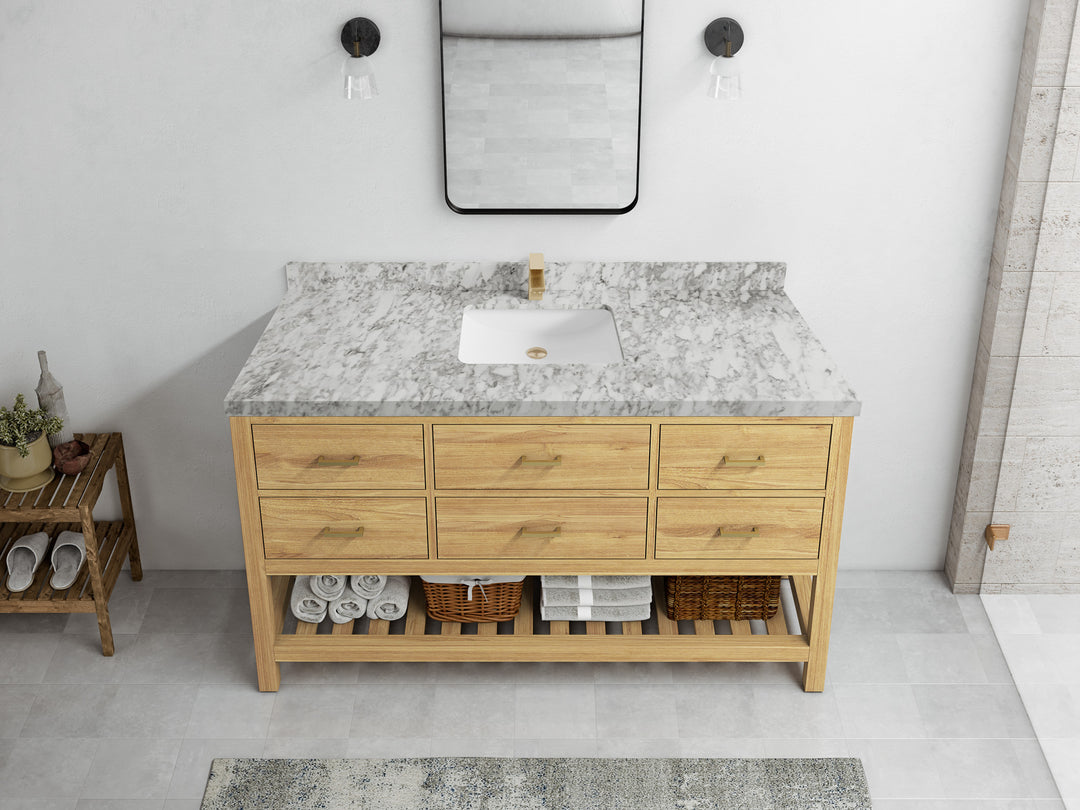 Parker Teak  60 in. W x 22 in. D Single Sink Bathroom Vanity in Light Natural with 2 in Carrara Marble Countertop – Top View