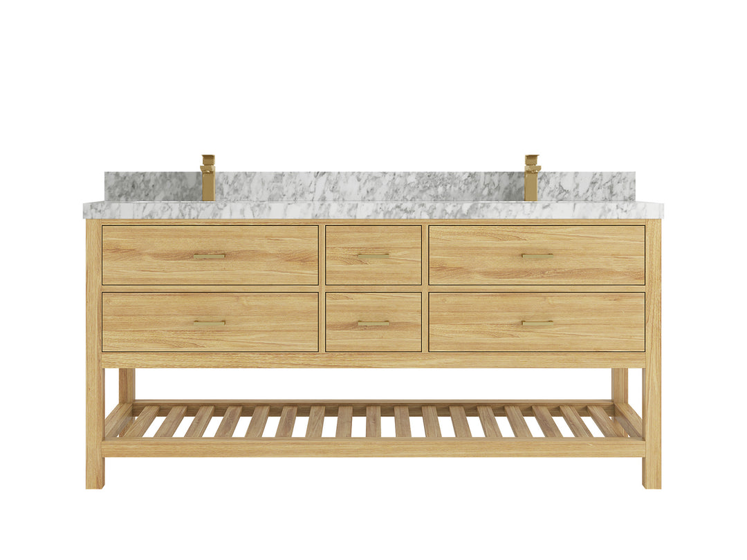 Parker Teak 72 in. W x 22 in. D double Sink Bathroom Vanity in Light Natural with 2 in Carrara Marble Countertop