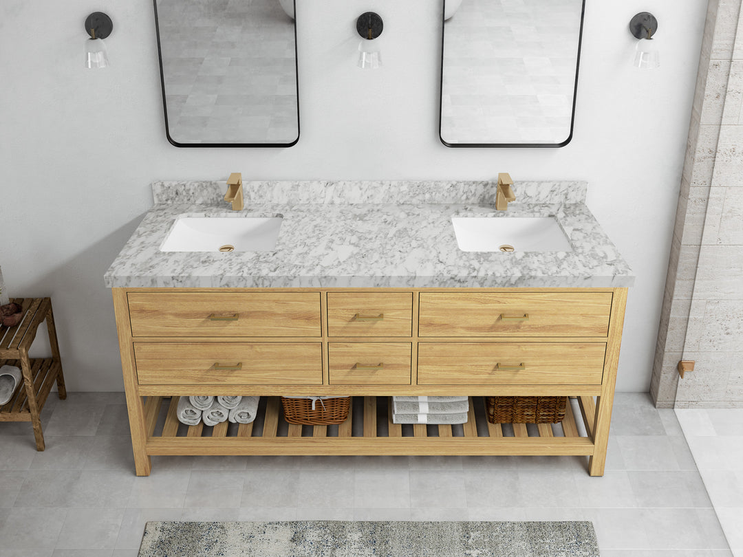 Parker Teak 72 in. W x 22 in. D double Sink Bathroom Vanity in Light Natural with 2 in Carrara Marble Countertop – Top View