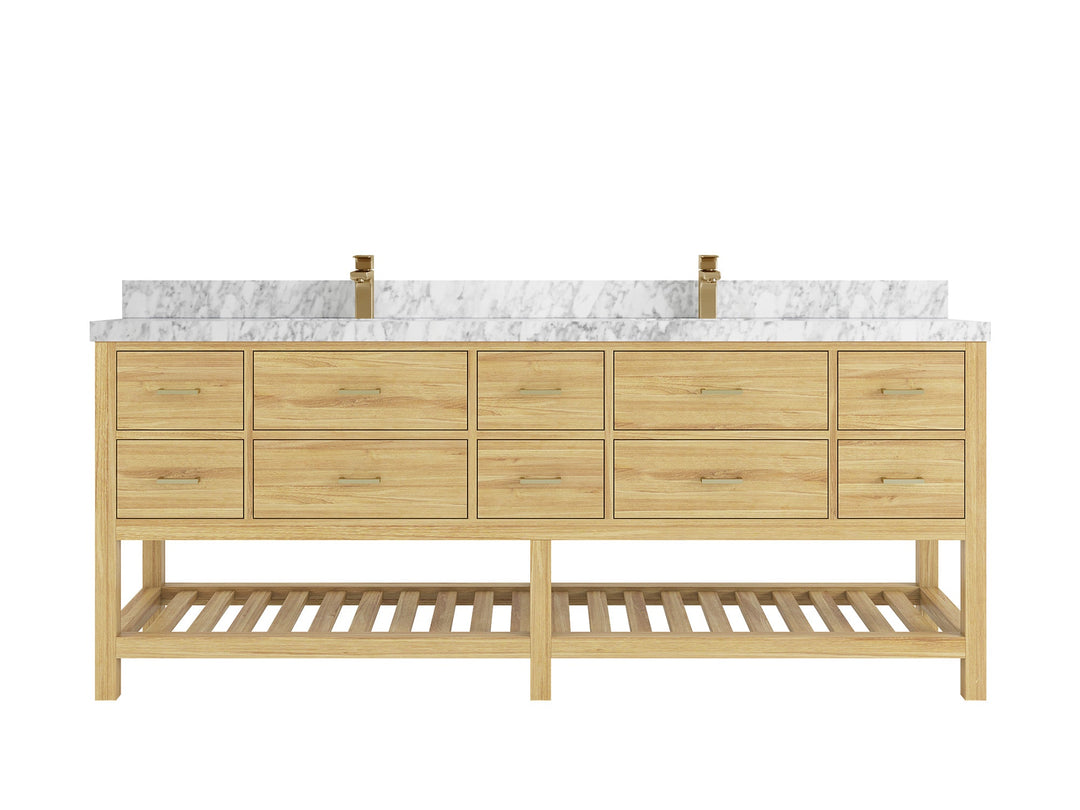Parker Teak 84 in. W x 22 in. D double Sink Bathroom Vanity in Light Natural with 2 in Carrara Marble Countertop