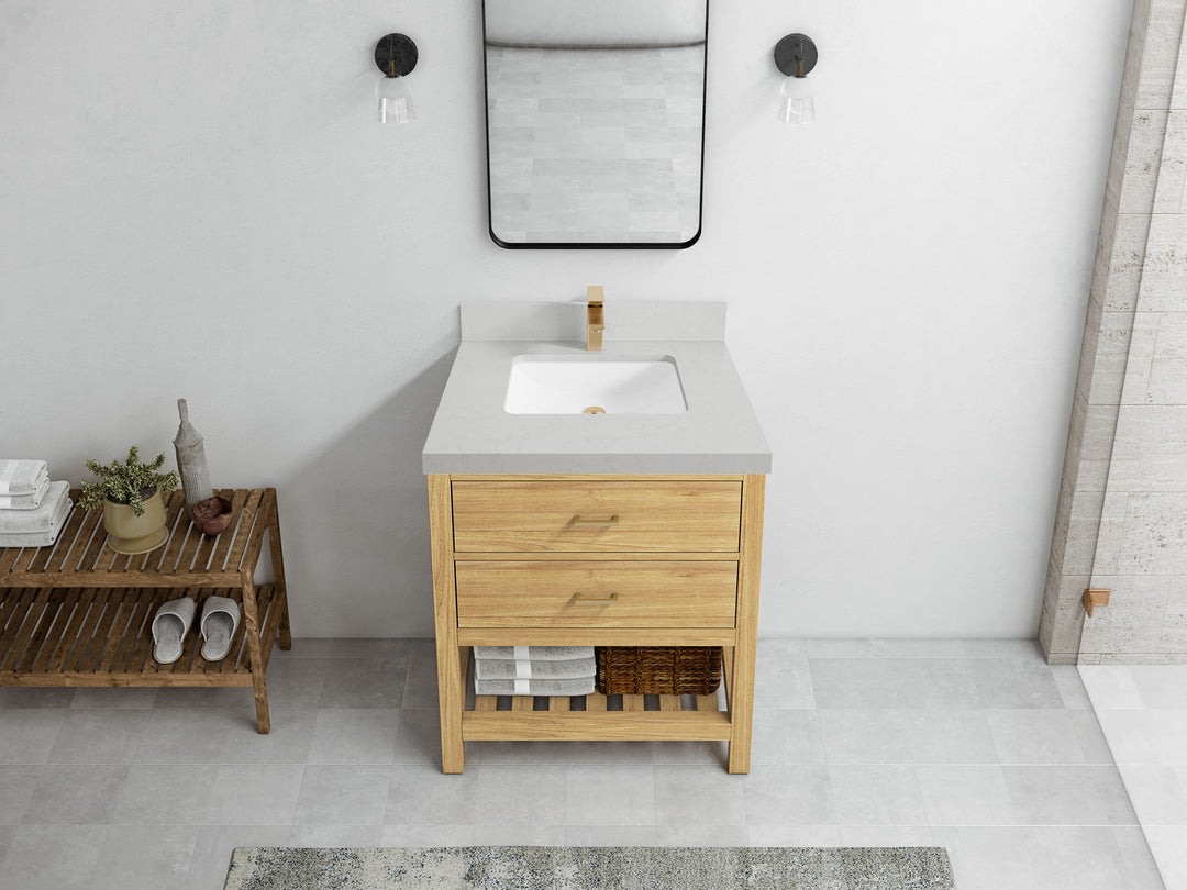 Parker Teak  30 in. W x 22 in. D Single Sink Bathroom Vanity in Light Natural with 2 in Carrara Quartz Countertop – Top View