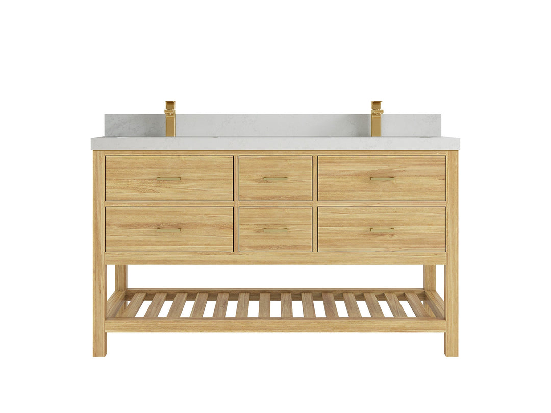 Parker Teak 60 in. W x 22 in. D double Sink Bathroom Vanity in Light Natural with 2 in Carrara Quartz