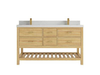 Parker Teak 60 in. W x 22 in. D double Sink Bathroom Vanity in Light Natural with 2 in Carrara Quartz