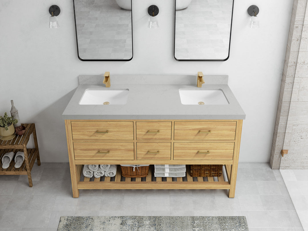 Parker Teak 60 in. W x 22 in. D double Sink Bathroom Vanity in Light Natural with 2 in Carrara Quartz Countertop