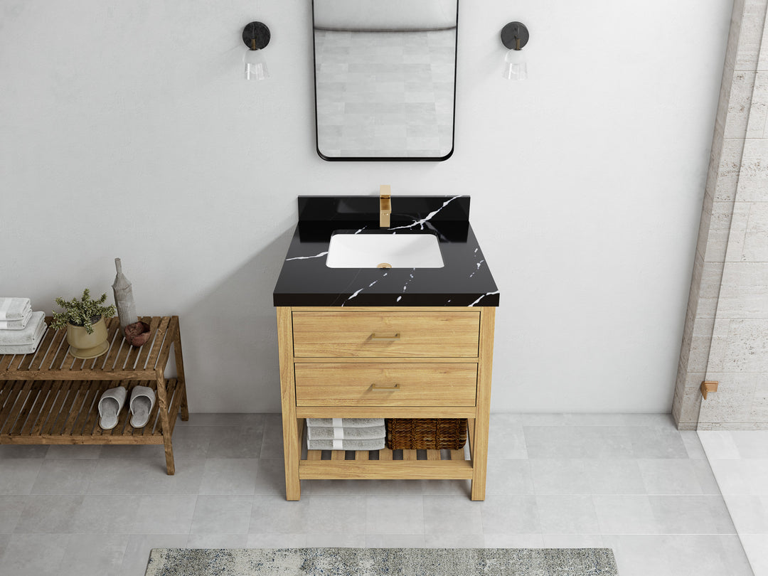 Parker Teak  30 in. W x 22 in. D Single Sink Bathroom Vanity in Light Natural with 2 in Calacatta Black Quartz Countertop – Top View