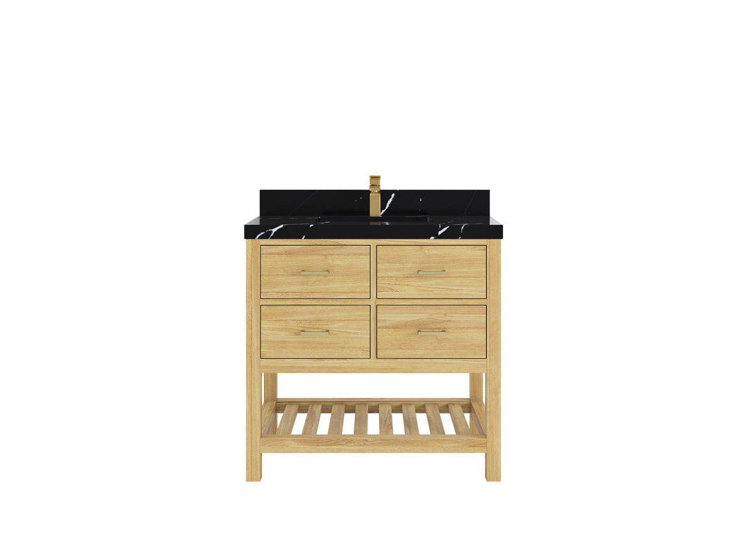 Parker Teak  36 in. W x 22 in. D Center Sink Bathroom Vanity in Light Natural  with 2 in Calacatta Black Quartz Countertop