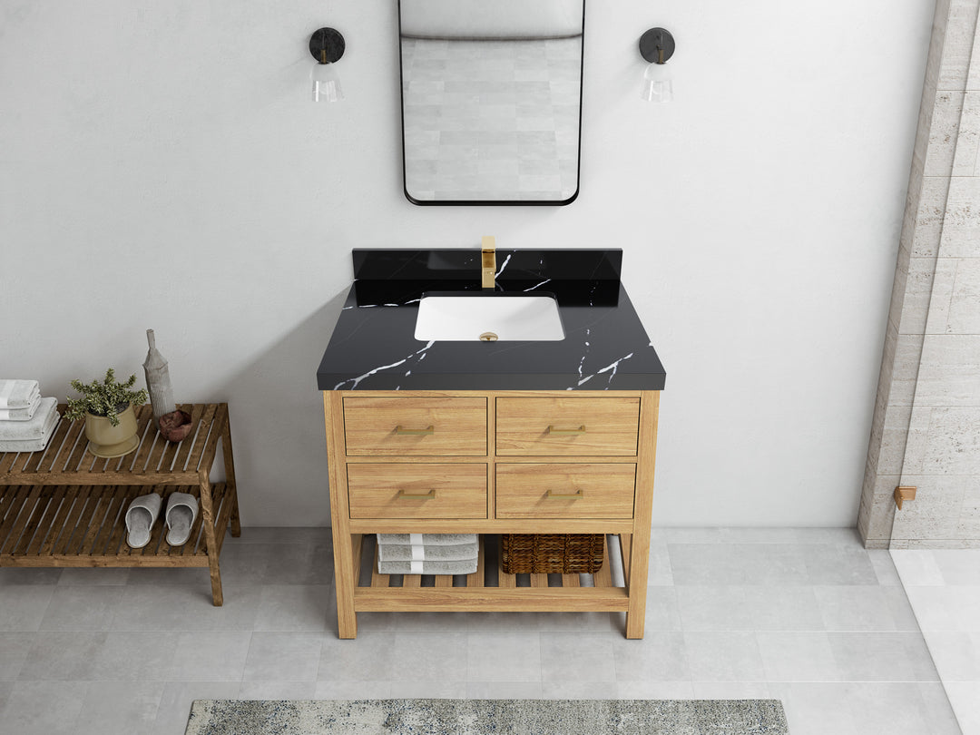 Parker Teak  36 in. W x 22 in. D Center Sink Bathroom Vanity in Light Natural  with 2 in Calacatta Black Quartz Countertop – Top View