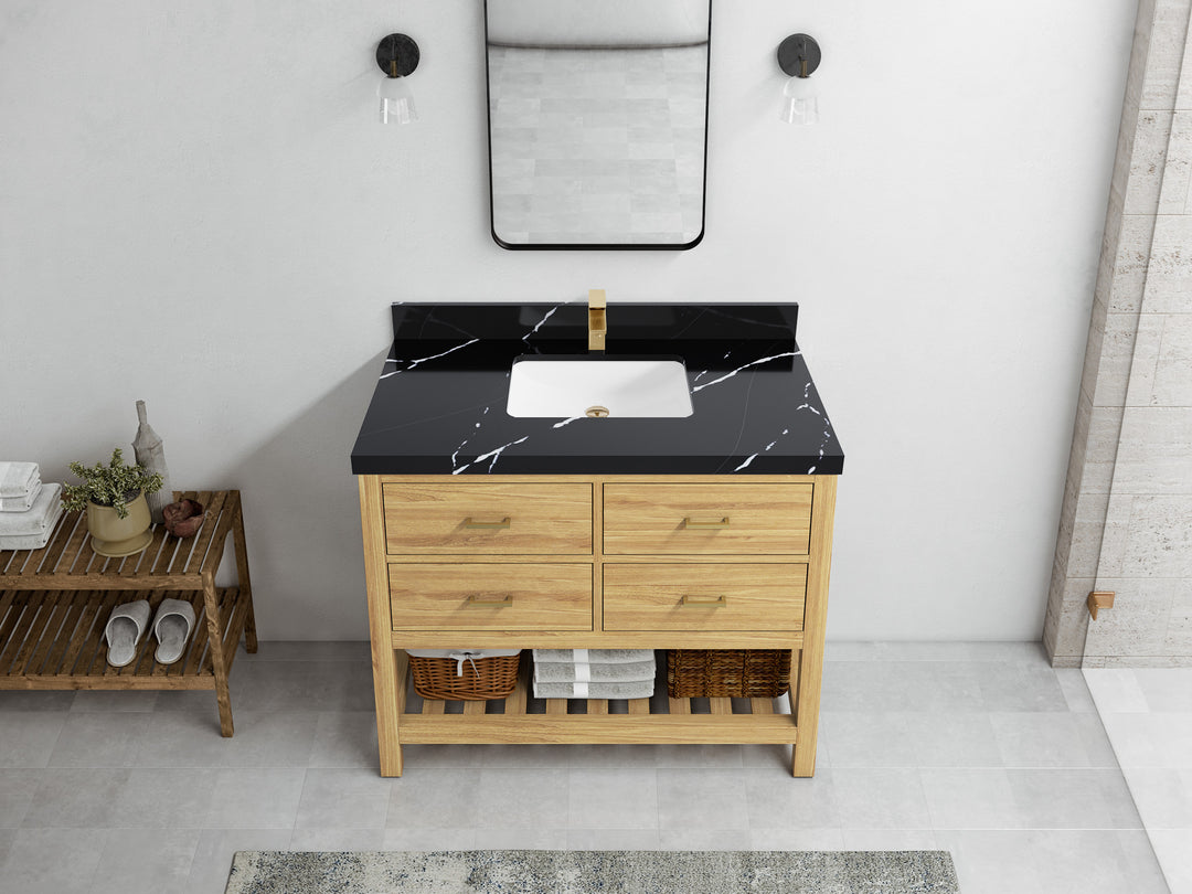 Parker Teak  42 in. W x 22 in. D Single Sink Bathroom Vanity in Light Natural with 2 in Calacatta Black Quartz Countertop – Top View