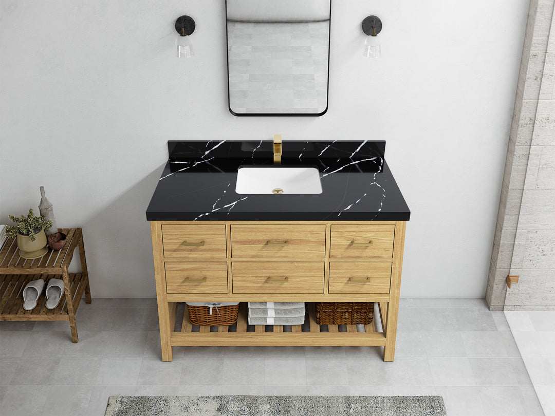 Parker Teak  48 in. W x 22 in. D Single Sink Bathroom Vanity in Light Natural with 2 in Calacatta Black Quartz Countertop – Top View