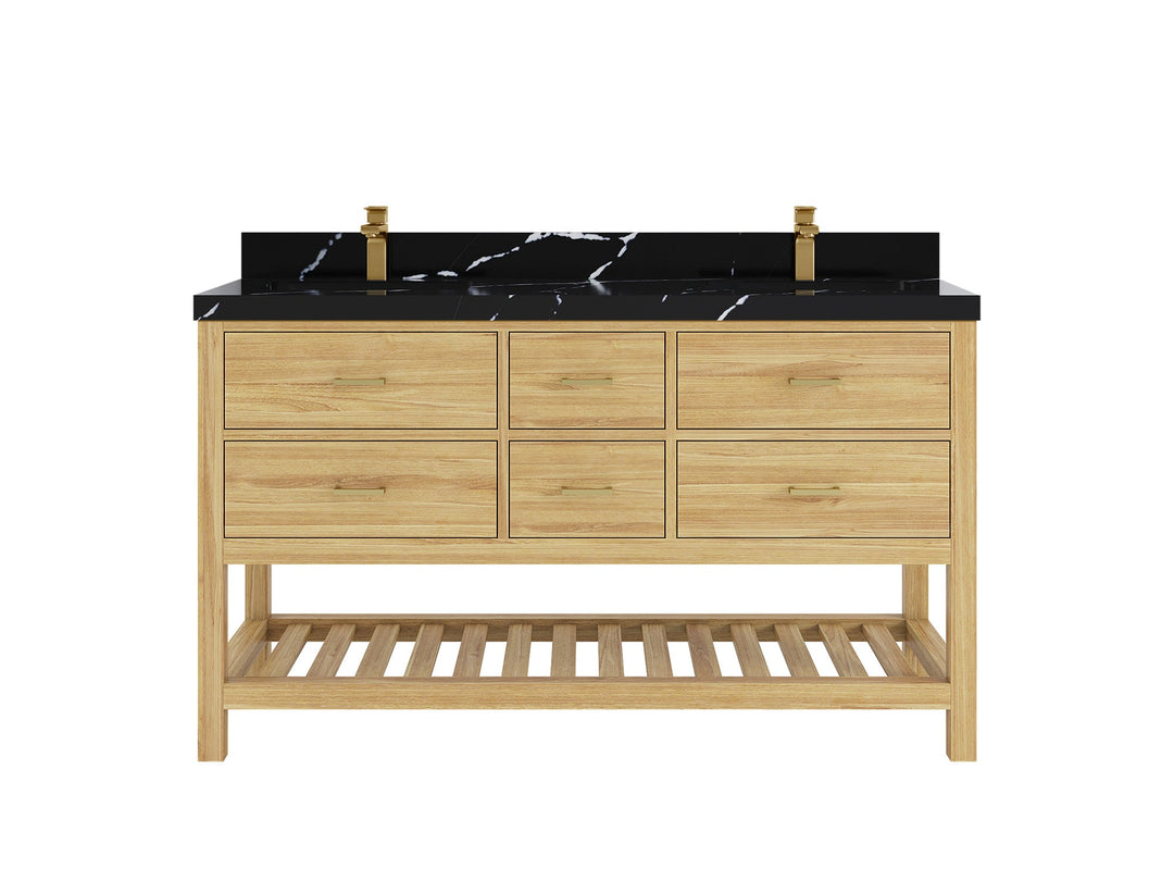 Parker Teak 60 in. W x 22 in. D double Sink Bathroom Vanity in Light Natural with 2 in Calacatta Black Quartz