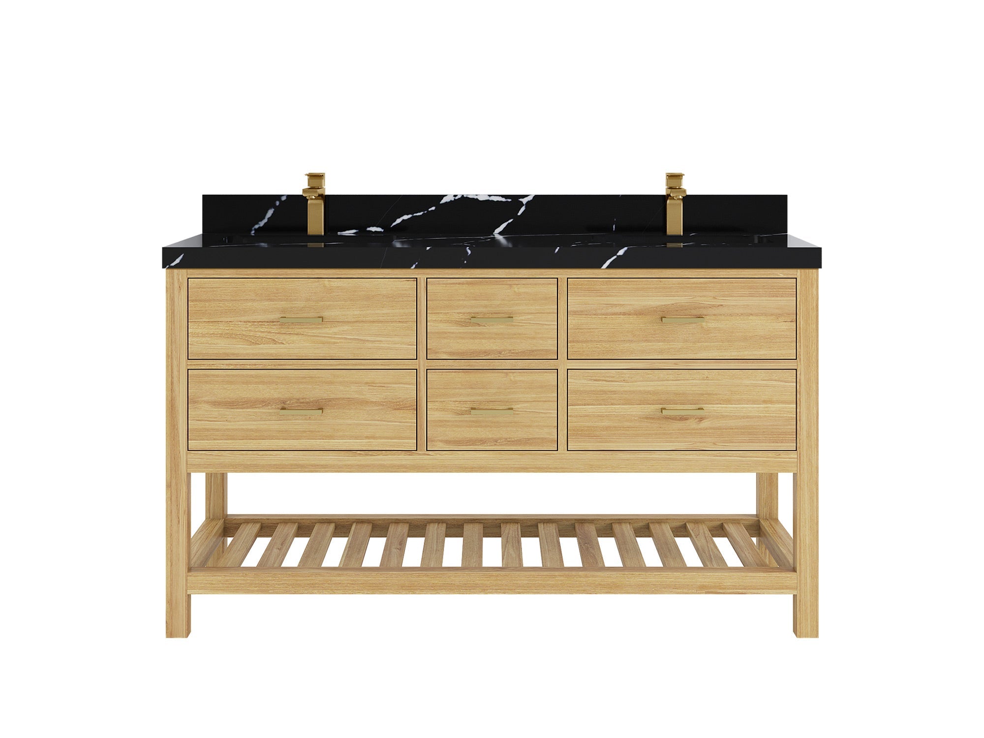 Parker Teak 60 in. W x 22 in. D double Sink Bathroom Vanity in Light Natural with 2 in Calacatta Black Quartz