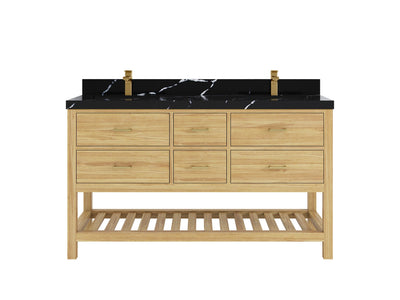 Parker Teak 60 in. W x 22 in. D double Sink Bathroom Vanity in Light Natural with 2 in Calacatta Black Quartz