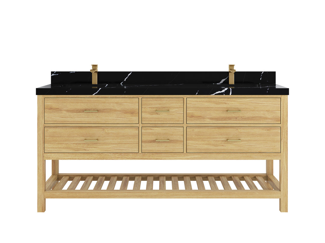 Parker Teak 72 in. W x 22 in. D double Sink Bathroom Vanity in Light Natural with 2 in Calacatta Black Quartz Countertop
