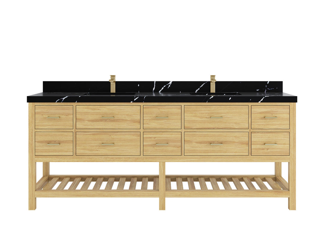 Parker Teak 84 in. W x 22 in. D double Sink Bathroom Vanity in Light Natural with 2 in Calacatta Black Quartz Countertop