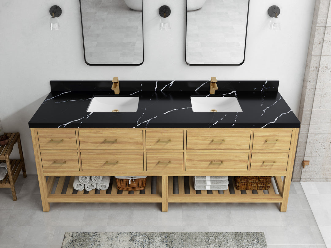 Parker Teak 84 in. W x 22 in. D double Sink Bathroom Vanity in Light Natural with 2 in Calacatta Black Quartz Countertop – Top View
