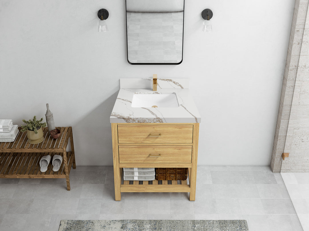 Parker Teak  30 in. W x 22 in. D Single Sink Bathroom Vanity in Light Natural with 2 in Calacatta Gold Quartz Countertop – Top View