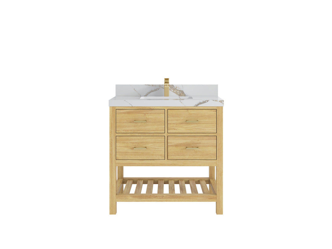 Parker Teak  36 in. W x 22 in. D  Center  Sink Bathroom Vanity in Light Natural  with 2 in Calacatta Gold Quartz Countertop