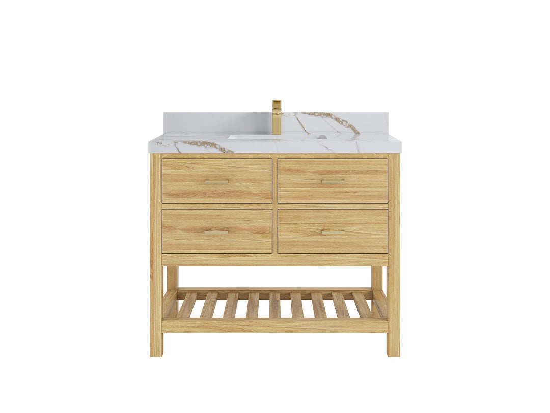 Parker Teak  42 in. W x 22 in. D  Single  Sink Bathroom Vanity in Light Natural with 2 in Calacatta Gold Quartz Countertop