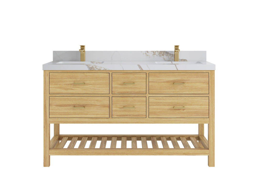 Parker Teak 60 in. W x 22 in. D double Sink Bathroom Vanity in Light Natural with 2 Calacatta Gold Quartz