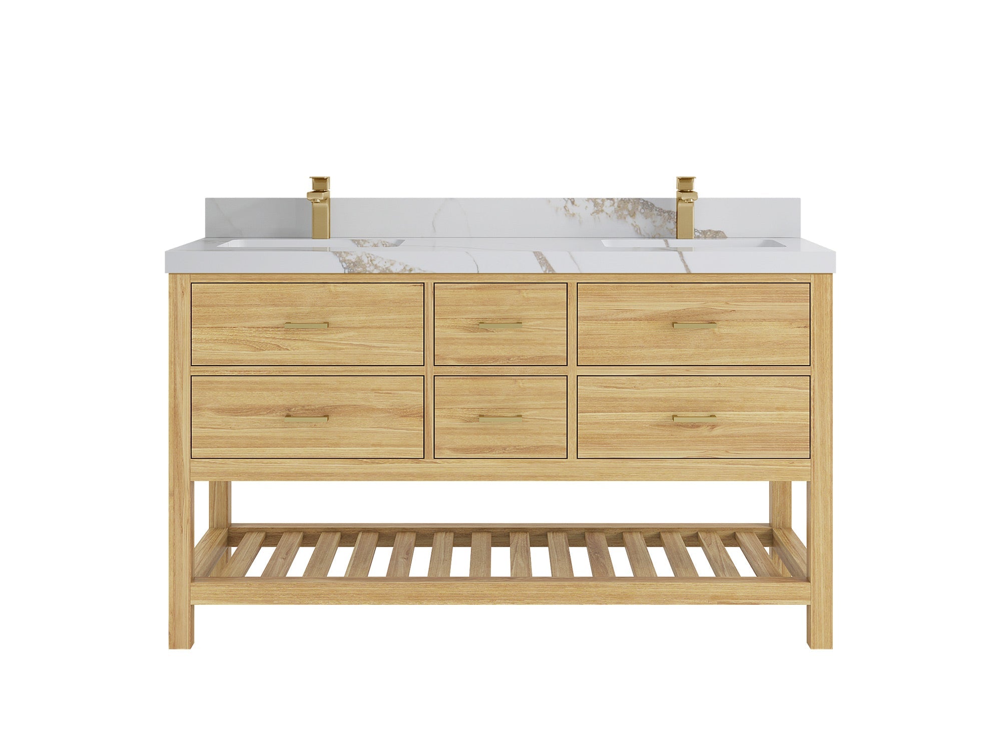 Parker Teak 60 in. W x 22 in. D double Sink Bathroom Vanity in Light Natural with 2 Calacatta Gold Quartz