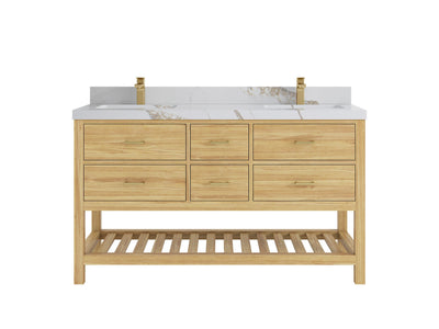 Parker Teak 60 in. W x 22 in. D double Sink Bathroom Vanity in Light Natural with 2 Calacatta Gold Quartz
