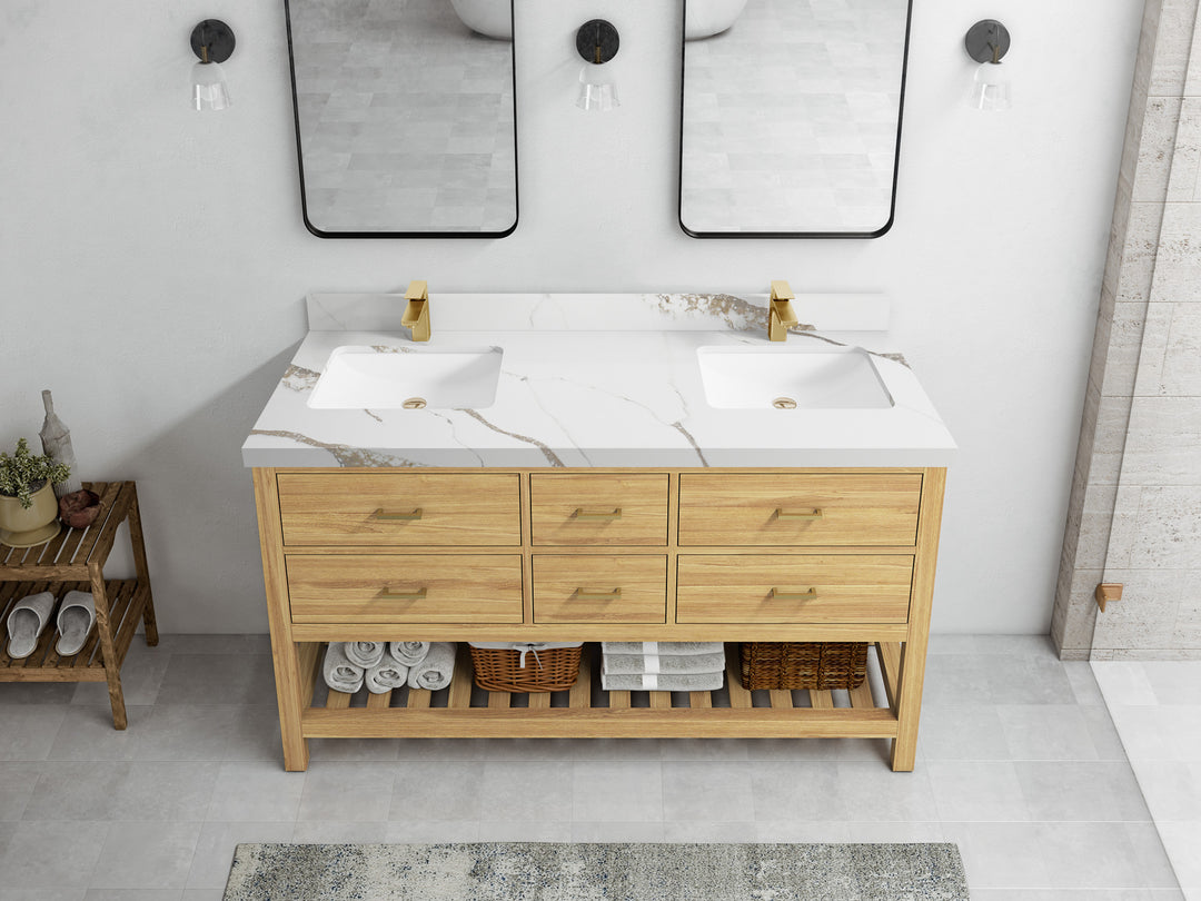 Parker Teak 60 in. W x 22 in. D double Sink Bathroom Vanity in Light Natural with 2 Calacatta Gold Quartz Countertop