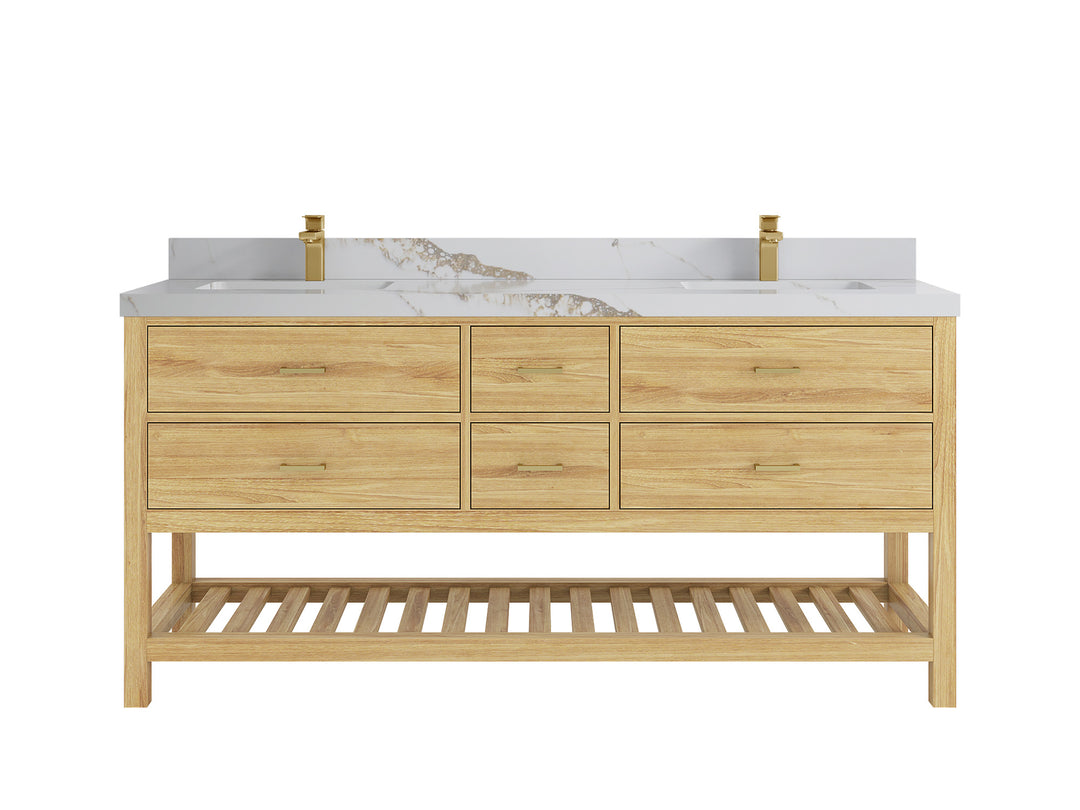 Parker Teak 72 in. W x 22 in. D double Sink Bathroom Vanity in Light Natural with 2 Calacatta Gold Quartz Countertop