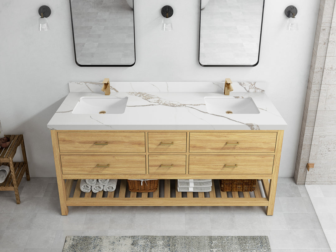 Parker Teak 72 in. W x 22 in. D double Sink Bathroom Vanity in Light Natural with 2 in Calacatta Gold Quartz Countertop – Top View