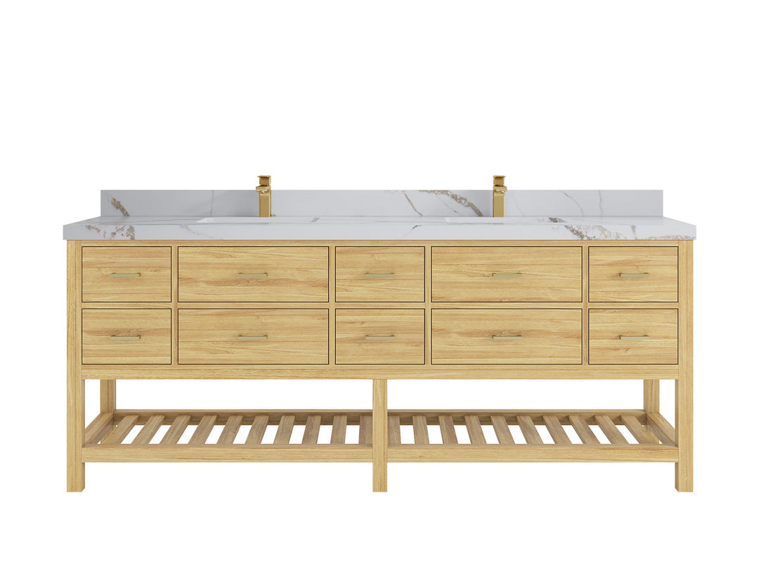 Parker Teak 84 in. W x 22 in. D double Sink Bathroom Vanity in Light Natural with 2 Calacatta Gold Quartz Countertop