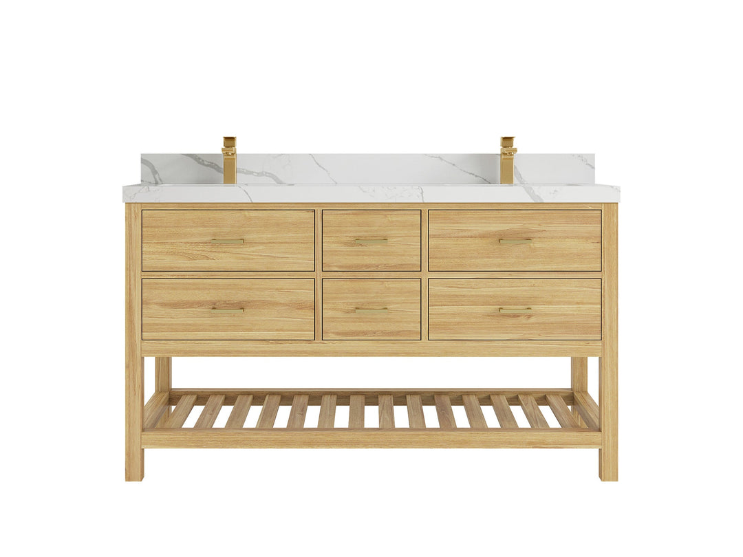 Parker Teak 60 in. W x 22 in. D double Sink Bathroom Vanity in Light Natural with 2 in Calacatta Laza Quartz 