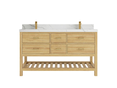 Parker Teak 60 in. W x 22 in. D double Sink Bathroom Vanity in Light Natural with 2 in Calacatta Laza Quartz