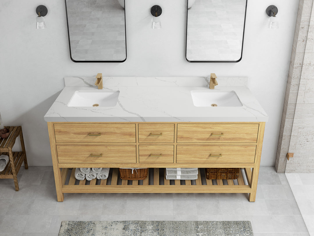 Parker Teak 72 in. W x 22 in. D double Sink Bathroom Vanity in Light Natural with 2 in Calacatta Laza Quartz Countertop – Top View