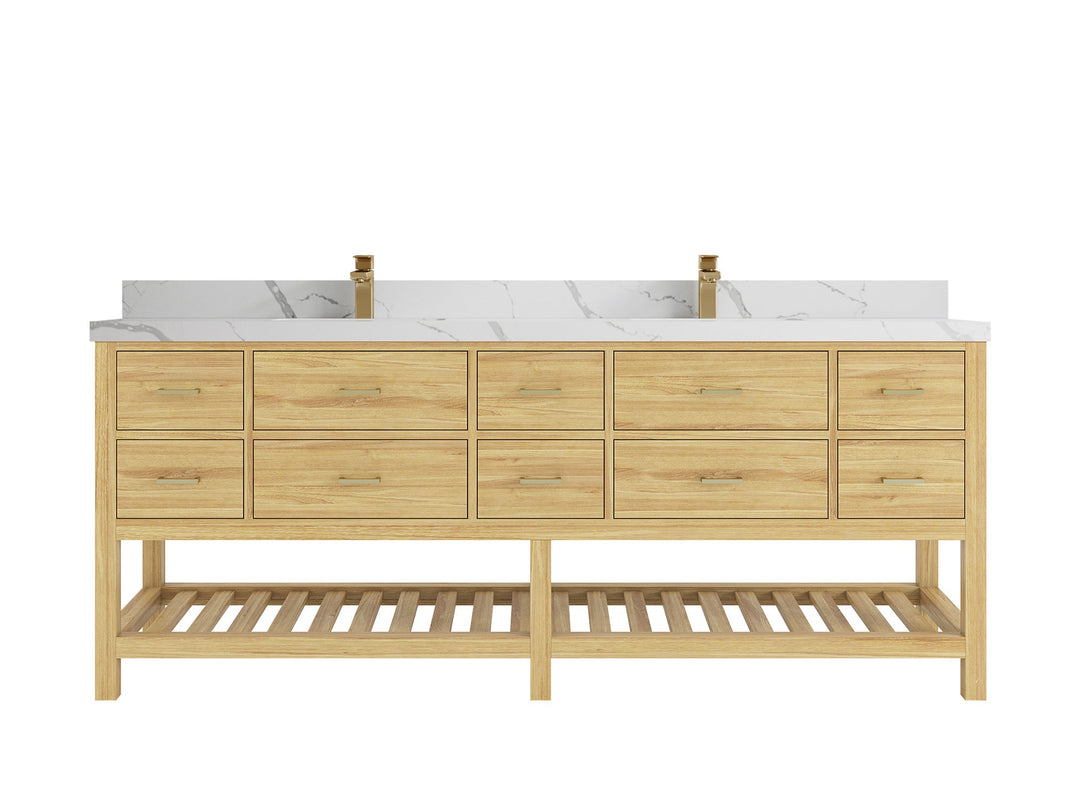 Parker Teak 84 in. W x 22 in. D double Sink Bathroom Vanity in Light Natural with 2 in Calacatta Laza Quartz Countertop