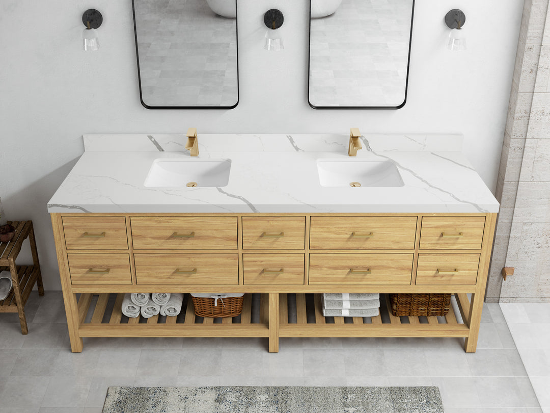 Parker Teak 84 in. W x 22 in. D double Sink Bathroom Vanity in Light Natural with 2 in Calacatta Laza Quartz Countertop – Top View