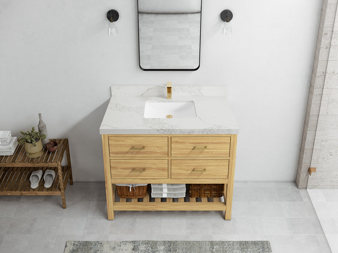 Parker Teak  42 in. W x 22 in. D Single Sink Bathroom Vanity in Light Natural with 2 in Calacatta Nuvo Quartz Countertop – Top View