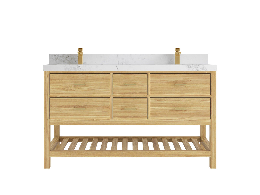 Parker Teak 60 in. W x 22 in. D double Sink Bathroom Vanity in Light Natural with 2 in Calacatta Nuvo Quartz