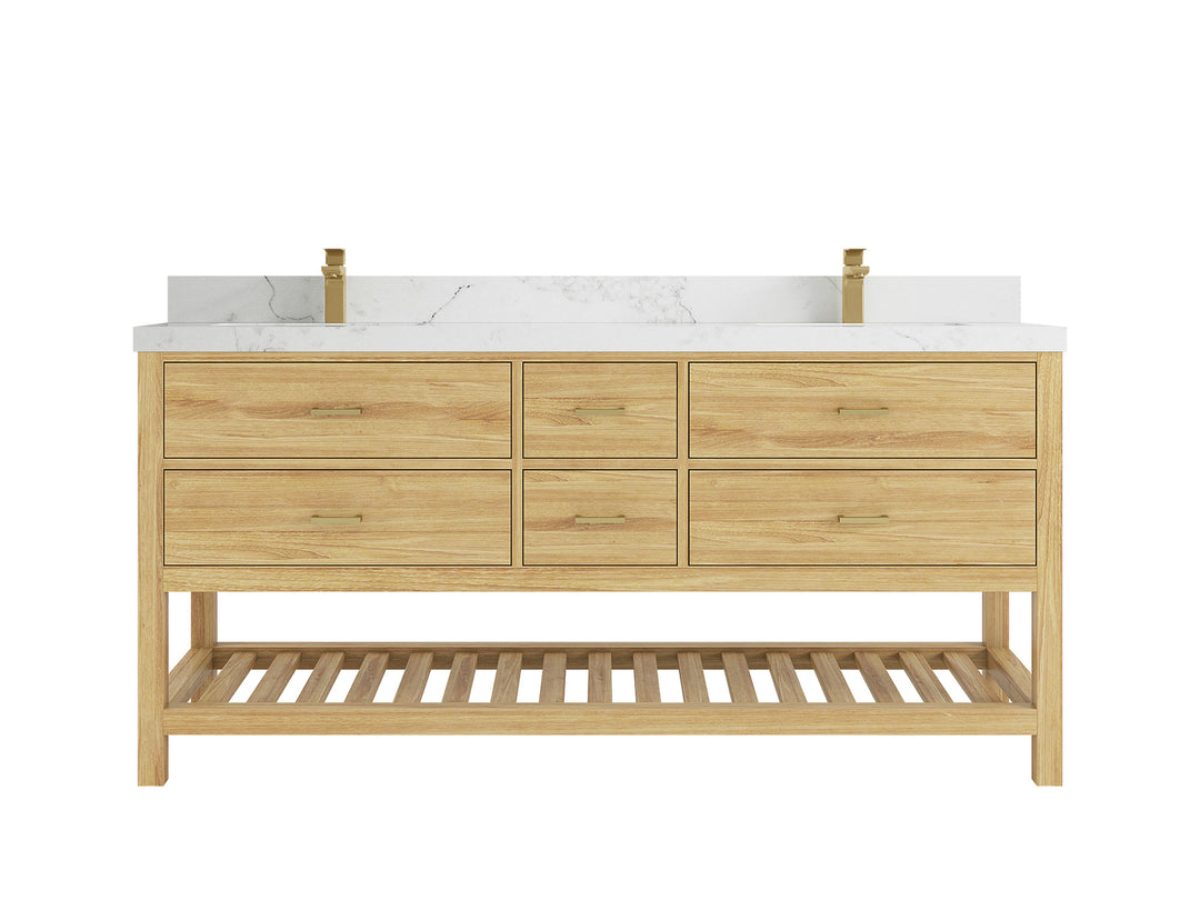 Parker Teak 72 in. W x 22 in. D double Sink Bathroom Vanity in Light Natural with 2 in Calacatta Nuvo Quartz Countertop
