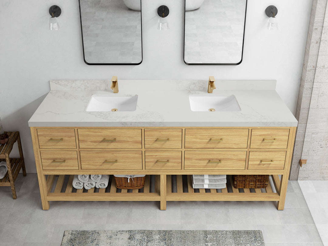 Parker Teak 84 in. W x 22 in. D double Sink Bathroom Vanity in Light Natural with 2 in Calacatta Nuvo Quartz Countertop – Top View