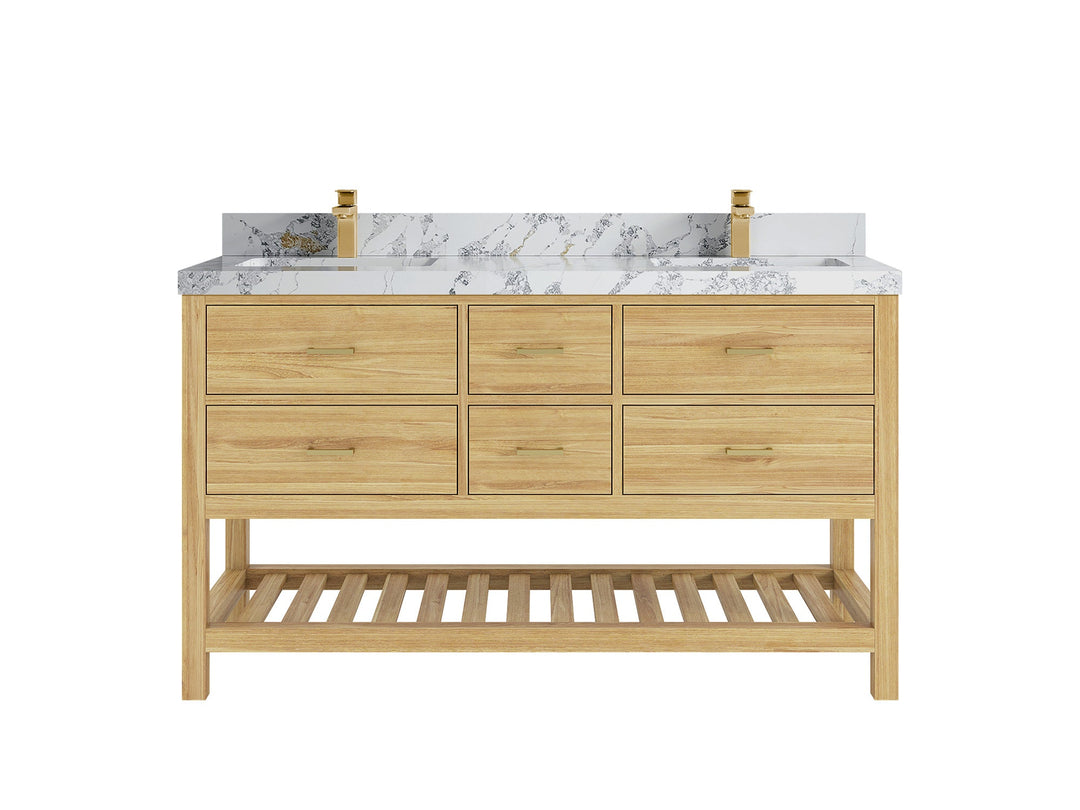 Parker Teak 60 in. W x 22 in. D double Sink Bathroom Vanity in Light Natural with 2 in Poanazzo Quartz Counterto