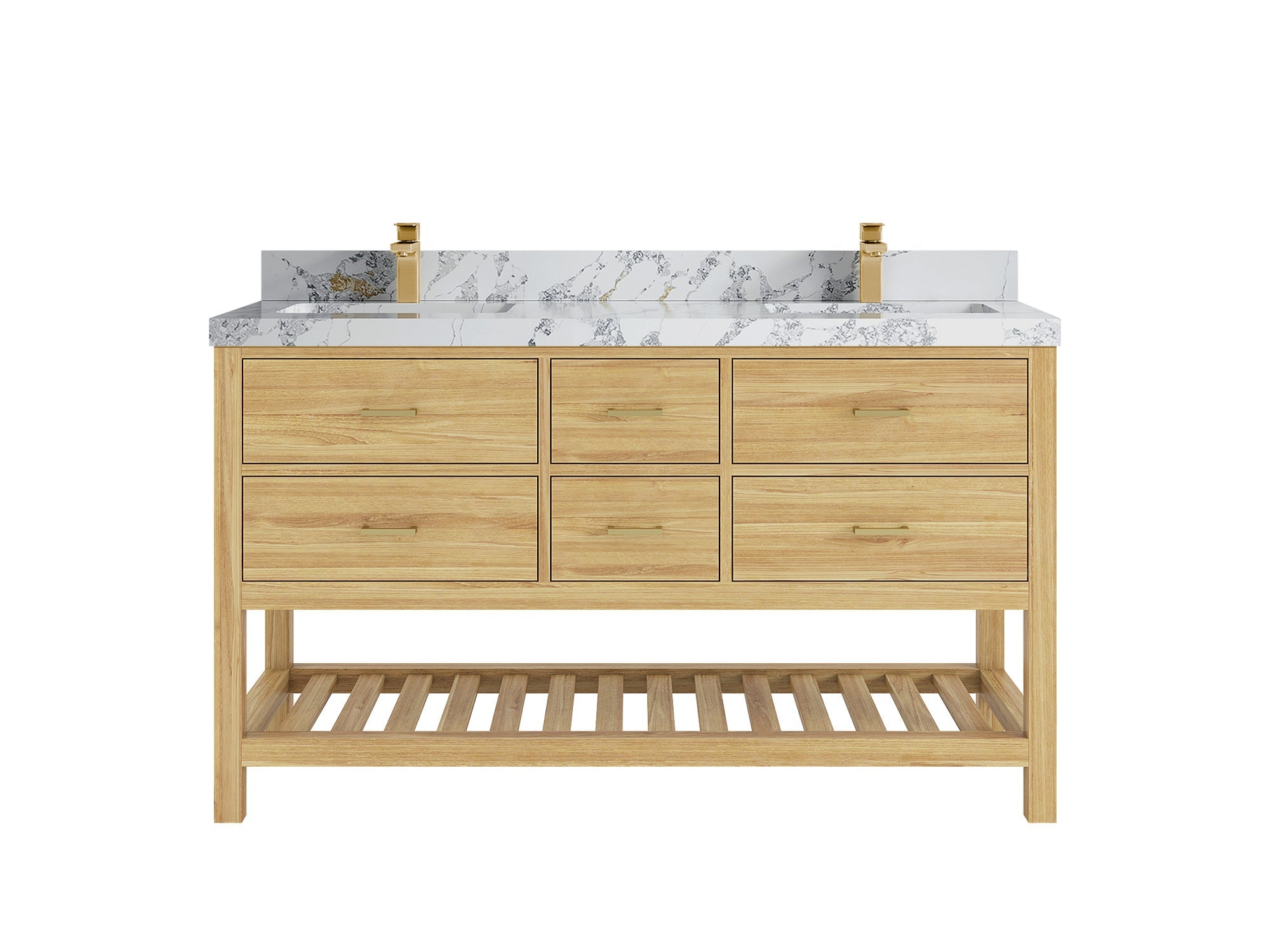 Parker Teak 60 in. W x 22 in. D double Sink Bathroom Vanity in Light Natural with 2 in Poanazzo Quartz Counterto