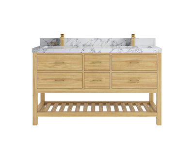 Parker Teak 60 in. W x 22 in. D double Sink Bathroom Vanity in Light Natural with 2 in Poanazzo Quartz Counterto